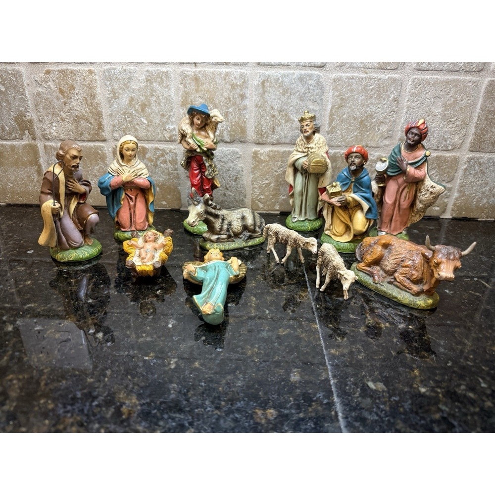 Vintage 1960 Chalkware Nativity 5" Scale Italy Mid Century Set Of 12 Piece Bible